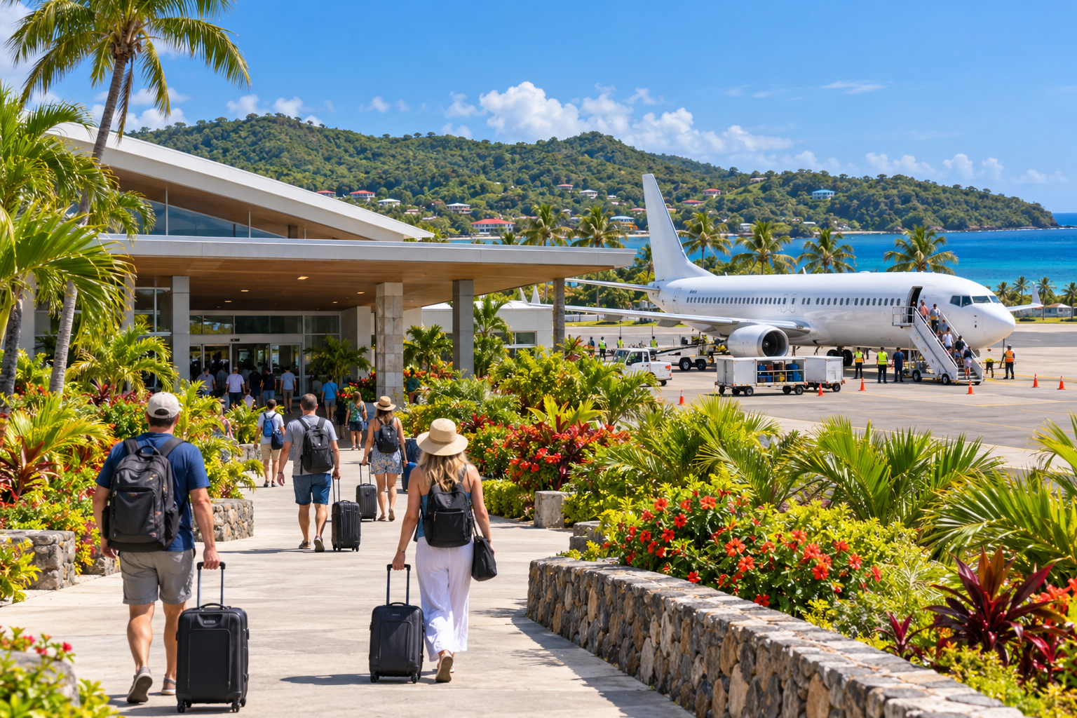 AI-generated illustration of travelers arriving at a Caribbean airport