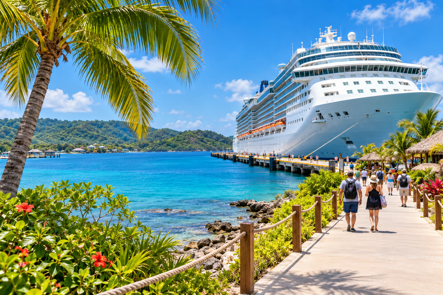 AI-generated illustration of cruise passengers arriving at a tropical port